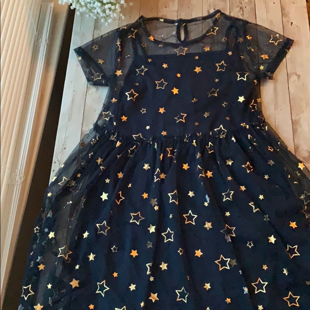 Girls short sleeve navy blue mesh star dress